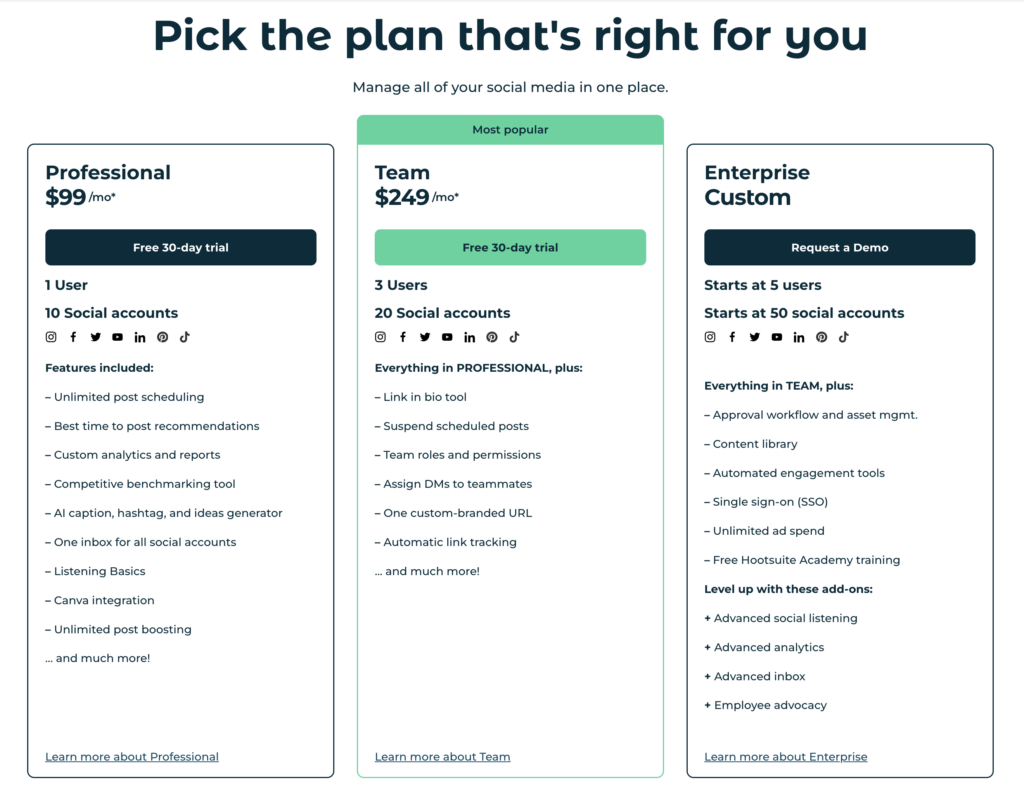 Sendible vs Hootsuite: Hootsuite Pricing