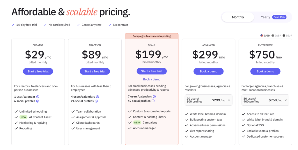 Sendible vs Hootsuite: Sendible Pricing